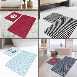 Set of 2 Nautical Bath Mat|Non-Slip Bathroom Decor|Anchor Bath Rug|Wheel Kitchen Floor Mat|Zigzag Coastal Shower and Home Entrance Carpet