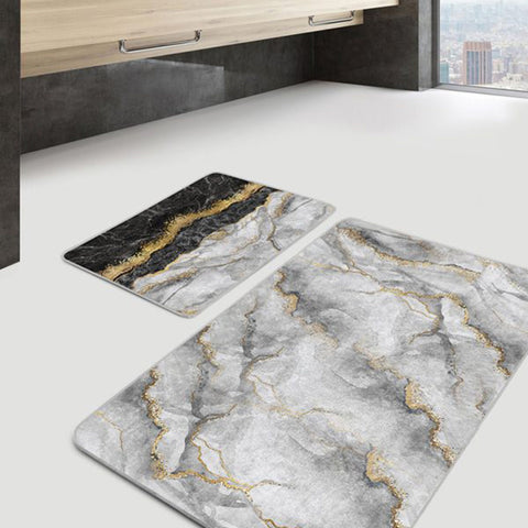 Set of 2 Marble Pattern Bath Mat|Non-Slip Bathroom Decor|Blue Gray Bath Rug|Rectangle Kitchen Floor Mat|Abstract Home,Shower Entrance Carpet