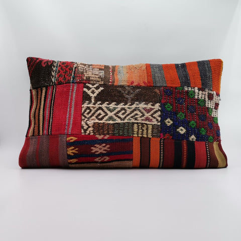 Vintage Kilim Pillow Cover|Handwoven Ottoman Kilim Decor|Farmhouse Lumbar Pillow Top|Boho Bedding Decor|Antique Patchwork Rug Cushion 16x24