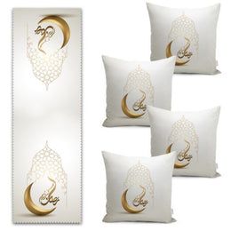 Set of 4 Islamic Pillow Covers and 1 Table Runner|Ramadan Kareem Decor|Gold Crescent and Dome Ramadan Tablecloth and Cushion|Gift for Muslim