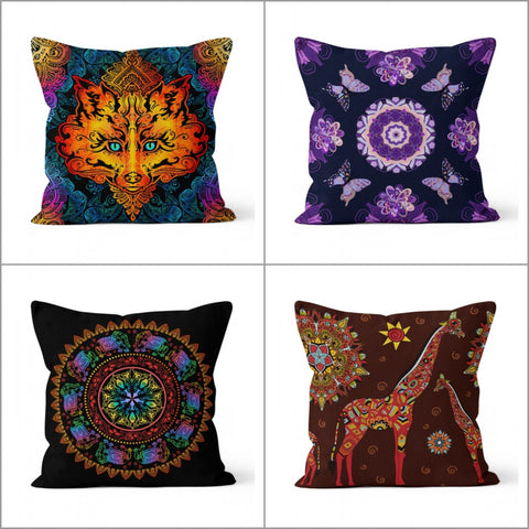 Mandala Pillow Cover|Animal Print Cushion Case|Giraffe, Wolf, Butterfly Mandala Pillow|Rustic Home Decor|Authentic Elephant Mandala Cushion