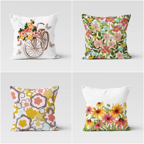 Colorful Floral Pillow Cover|Pillow Sham with Floral Bike|Summer Trend Cushion|Boho Bedding Decor|Housewarming Cushion Case|Sofa Pillowcase