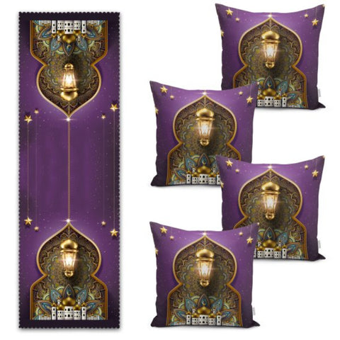 Set of 4 Islamic Pillow Covers and 1 Table Runner|Ramadan Kareem Decor|Purple Gold Ramadan Lantern Table Runner and Cushion|Gift for Muslims