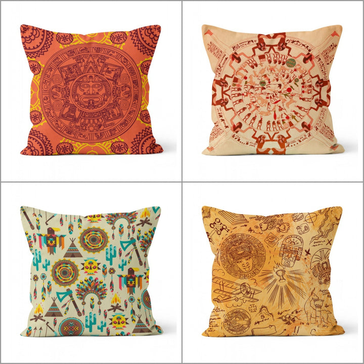 Ancient Pillow Cover|Vectorial Tribe Pillowcase|Tengri and Maya Accent Cushion Cover|Ethnic Symbol Pillow Case|Oriental Style Home Decor