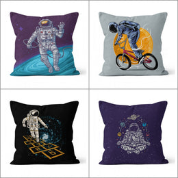 Astronaut Pillow Cover|Space Cushion Case|Astronaut with Bike and Doing Yoga Home Decor|Decorative Spaceman Pillowcase|Planet Kid Cushion