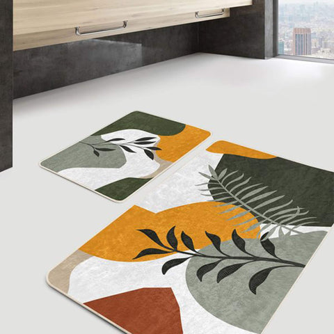 Set of 2 Abstract Leaves Bath Mat|Non-Slip Bathroom Decor|Decorative Bath Rug|Abstract Shapes Floor Mat|Rectangle Shower Home Entrance Rug