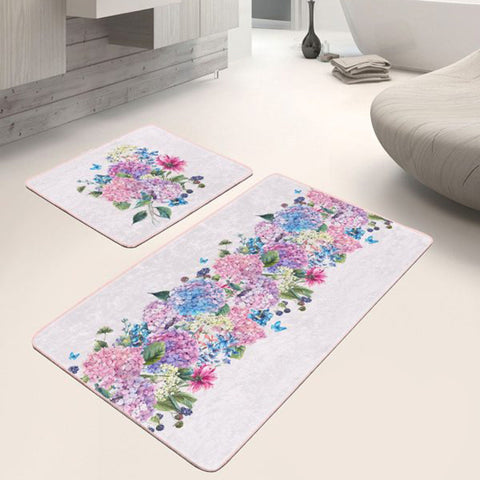 Set of 2 Floral Bath Mat|Non-Slip Bathroom Decor|Decorative Bath Rug|Bird and Flower Print Floor Mat|Rectangle Shower, Home Entrance Carpet