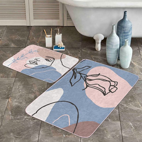 Set of 2 Abstract Onedraw Bath Mat|Non-Slip Bathroom Decor|Abstract Flower and Woman Face Drawing Floor Mat|Rectangle Shower Entrance Rug