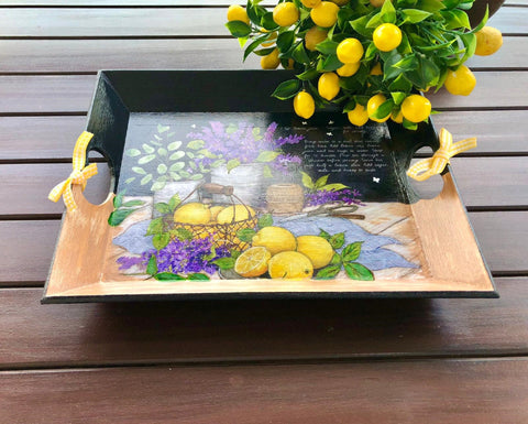 Hand Painted Wooden Tray|Lavender Kitchen Decor|Black Serving Tray|Custom Table Decor|Home Decor|Gift for Women|Wooden Art|Housewarming Gift