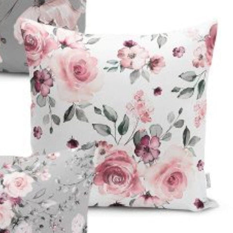 Set of 4 Floral Pillow Covers and 1 Table Runner|White Pink Rose Home Decor|Decorative Flower Painting Tabletop|Rose Cushion and Runner Set