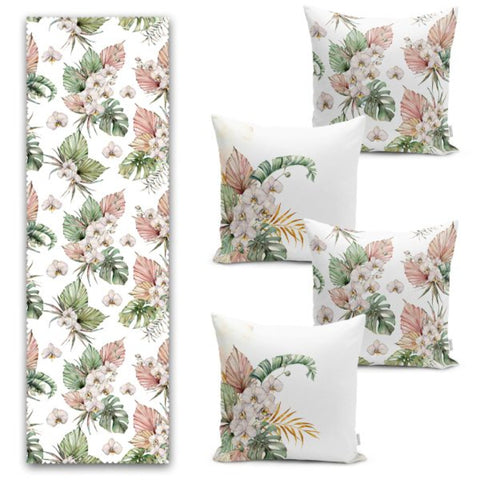Set of 4 Floral Pillow Covers and 1 Table Runner|Green Leaves Home Decor|Decorative Pinky Flowers Tablecloth|Floral Cushion and Runner Set