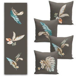 Set of 4 Floral Pillow Covers and 1 Table Runner|Turquoise Gray Leaves Home Decor|Decorative Plant Tabletop|Floral Cushion and Runner Set