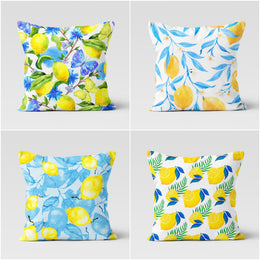 Floral Lemon Pillow Cover|Lemon and Blue Leaves Cushion Case|Housewarming Yellow Citrus Print Home Decor|Farmhouse Yellow Blue Pillow Case