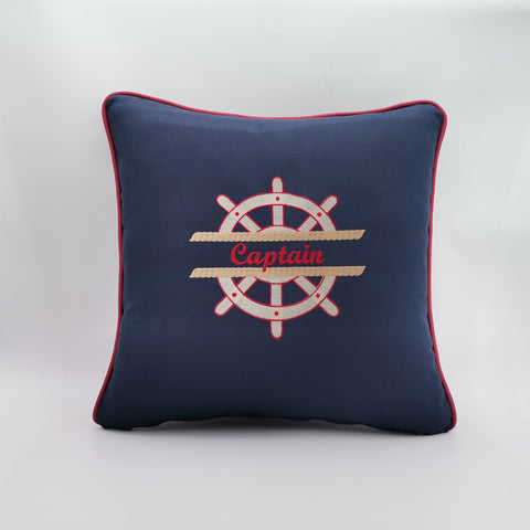 Embroidered Luxury Yacht Pillow Cover|Water Repellent Wheel Pillow|Abrasion Resistant Nautical Cushion Cover|Flame Retardant Captain Decor