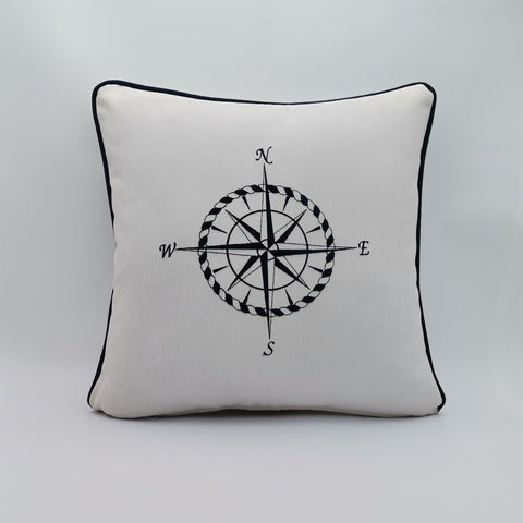 Embroidered Luxury Yacht Pillow Cover|Water Repellent Compass Pillowtop|Abrasion Resistant Nautical Cushion Cover|Flame Retardant Pillowcase