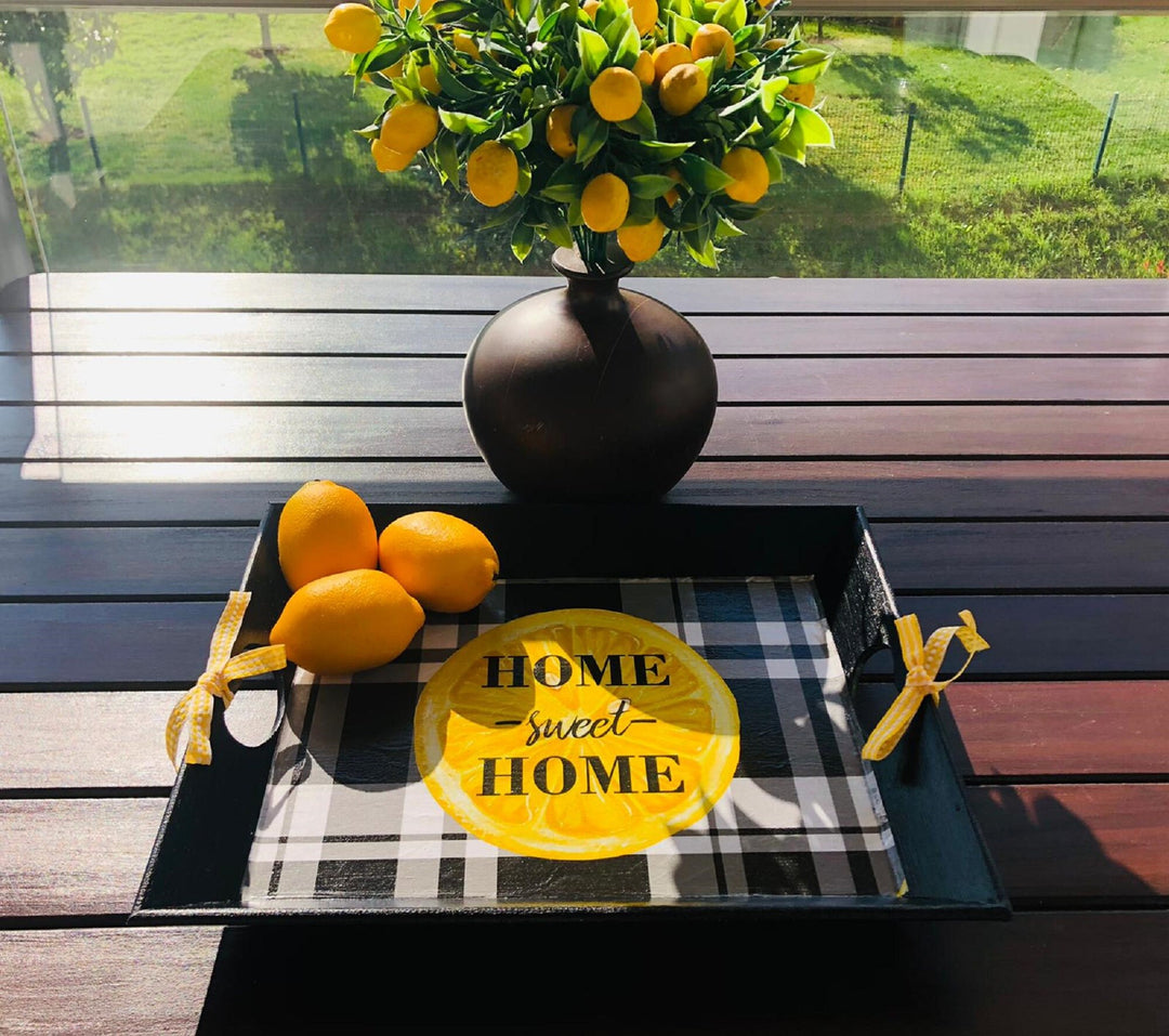Home Sweet Home Tray|Hand Painted Wooden Tray|Lemon Tray Decor|Serving Tray|Wooden Home Decor|Housewarming Gift|Gift for Women|Wooden Art