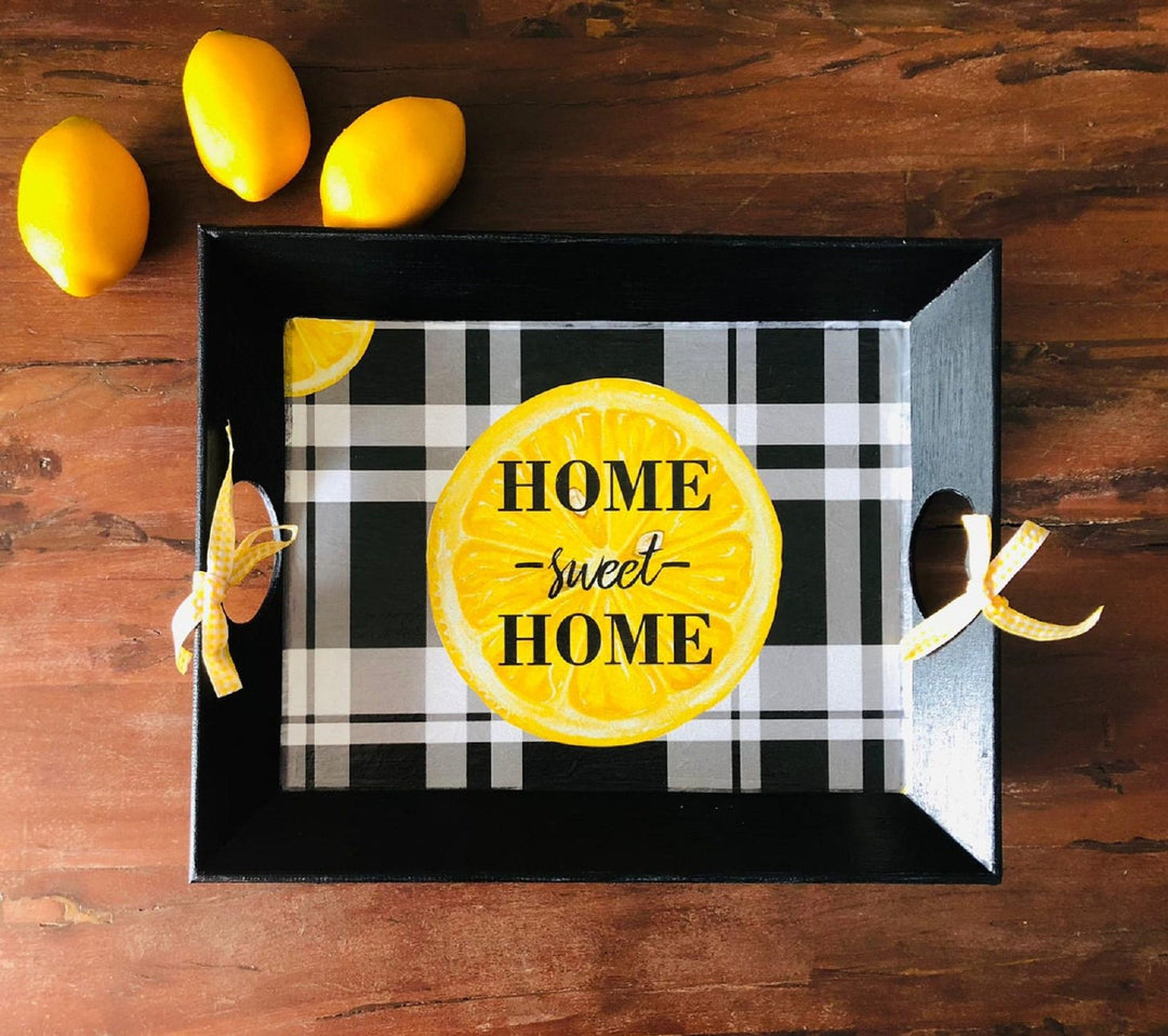 Home Sweet Home Tray|Hand Painted Wooden Tray|Lemon Tray Decor|Serving Tray|Wooden Home Decor|Housewarming Gift|Gift for Women|Wooden Art