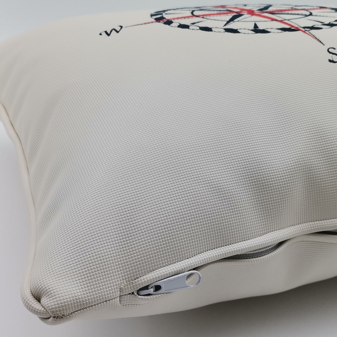 Embroidered Luxury Yacht Pillow Cover|Water Repellent Compass Pillow Case|Abrasion Resistant Nautical Cushion Cover|Faux Leather Pillow Top