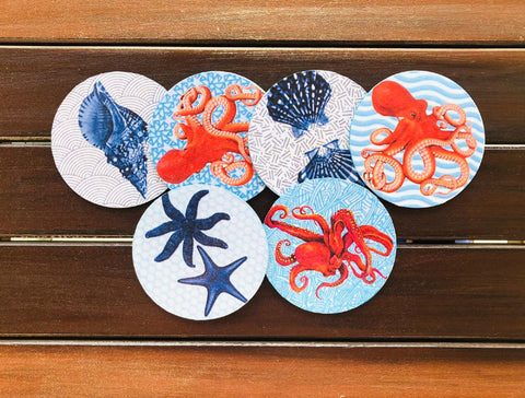 Set of 6 Coastal Coaster Set|Hand Painted Beach Coasters|Custom Nautical Decor|Coffee Table Decor with Seashell, Starfish, Octopus|Mom Gift