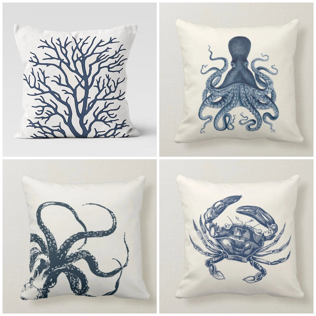 Blue Gray Seaweed Octopus Crab Pillow Case