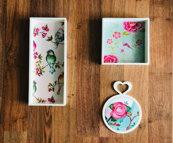 Set of 3 Bird and Rose Wall Decor|Wooden Home Decor|Bird Wall Art|Rose Wall Art|Floral Painting|Kitchen Wall Art|Housewarming Gift For Her