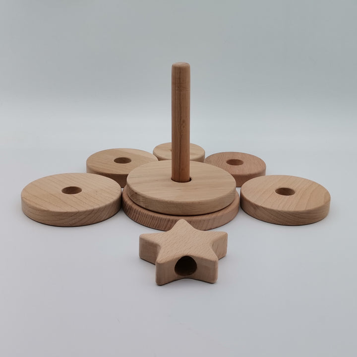 Wooden Sorting and Stacking Tower with Star|Toddler Educational Pyramid Toy|Ring Stacker Safe Toy|Birthday Gift For Kids|Natural Beech Wood