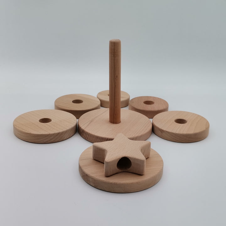 Wooden Sorting and Stacking Tower with Star|Toddler Educational Pyramid Toy|Ring Stacker Safe Toy|Birthday Gift For Kids|Natural Beech Wood