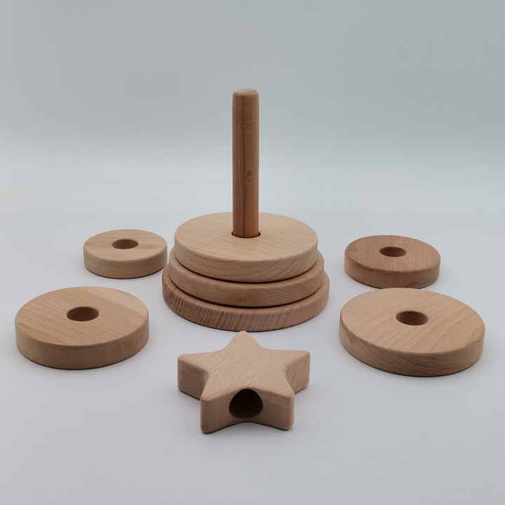 Wooden Sorting and Stacking Tower with Star|Toddler Educational Pyramid Toy|Ring Stacker Safe Toy|Birthday Gift For Kids|Natural Beech Wood