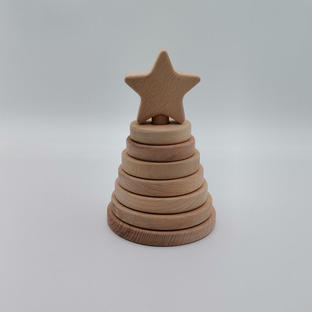 Wooden Sorting and Stacking Tower with Star|Toddler Educational Pyramid Toy|Ring Stacker Safe Toy|Birthday Gift For Kids|Natural Beech Wood