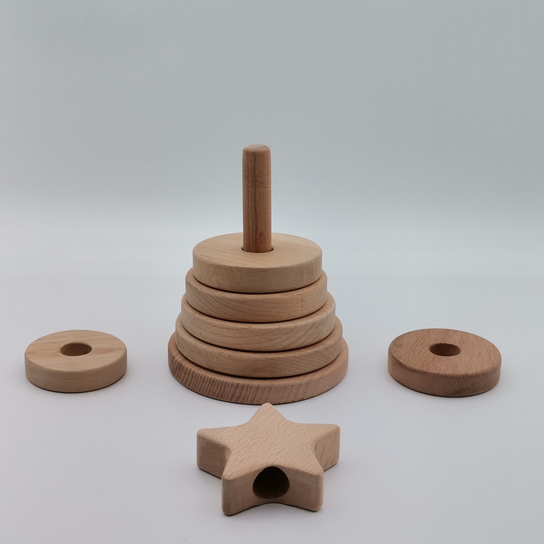 Wooden Sorting and Stacking Tower with Star|Toddler Educational Pyramid Toy|Ring Stacker Safe Toy|Birthday Gift For Kids|Natural Beech Wood