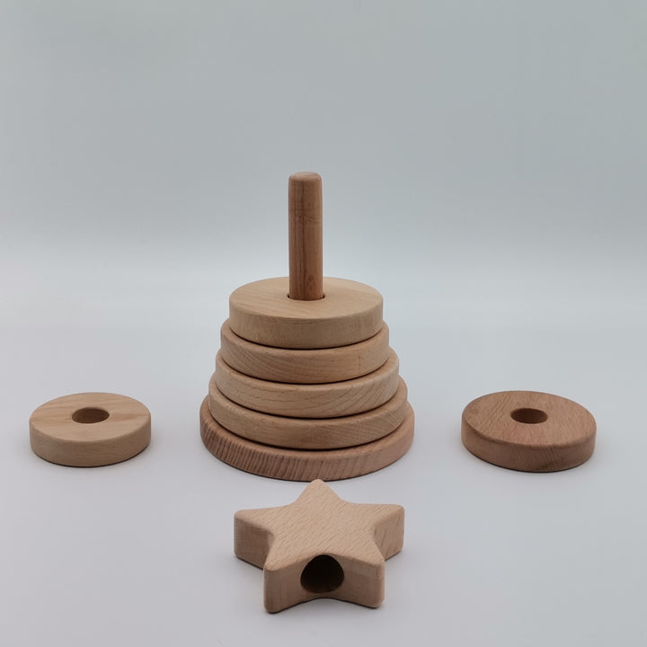 Wooden Sorting and Stacking Tower with Star|Toddler Educational Pyramid Toy|Ring Stacker Safe Toy|Birthday Gift For Kids|Natural Beech Wood