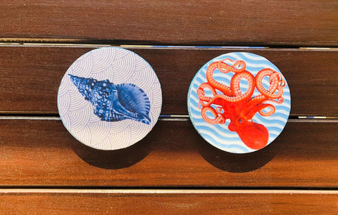 Set of 6 Coastal Coaster Set|Hand Painted Beach Coasters|Custom Nautical Decor|Coffee Table Decor with Seashell, Starfish, Octopus|Mom Gift