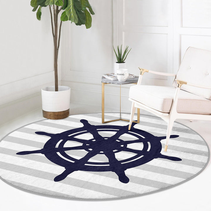 Nautical Round Rug|Non-Slip Round Carpet|Anchor and Wheel Circle Carpet|Fish and Boat Print Area Rug|Coastal Home Decor|Multi-Purpose Mat