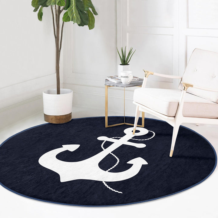 Nautical Round Rug|Non-Slip Round Carpet|Anchor and Wheel Circle Carpet|Fish and Boat Print Area Rug|Coastal Home Decor|Multi-Purpose Mat
