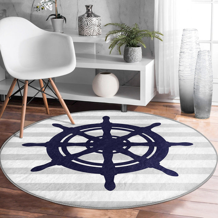 Nautical Round Rug|Non-Slip Round Carpet|Anchor and Wheel Circle Carpet|Fish and Boat Print Area Rug|Coastal Home Decor|Multi-Purpose Mat