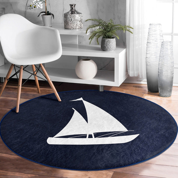 Nautical Round Rug|Non-Slip Round Carpet|Anchor and Wheel Circle Carpet|Fish and Boat Print Area Rug|Coastal Home Decor|Multi-Purpose Mat