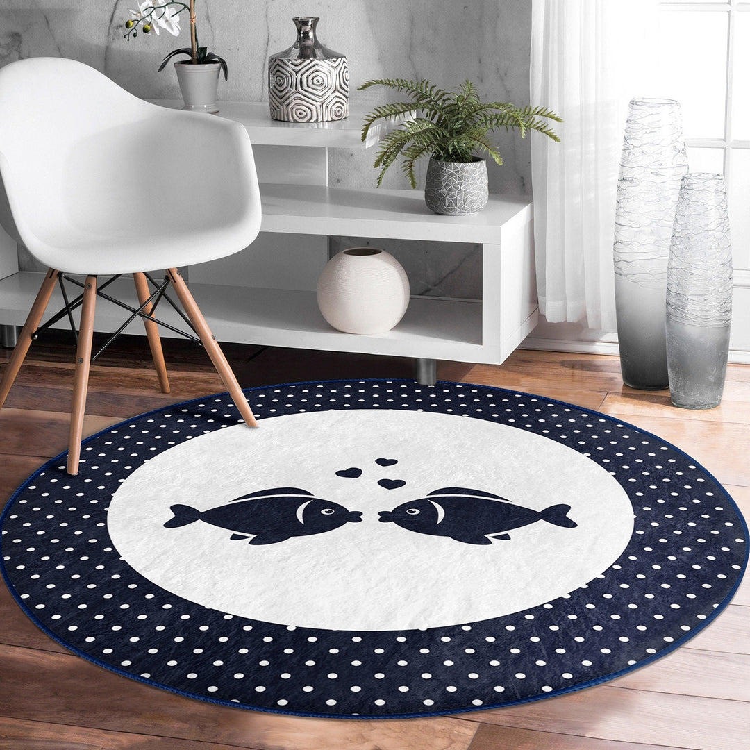 Nautical Round Rug|Non-Slip Round Carpet|Anchor and Wheel Circle Carpet|Fish and Boat Print Area Rug|Coastal Home Decor|Multi-Purpose Mat