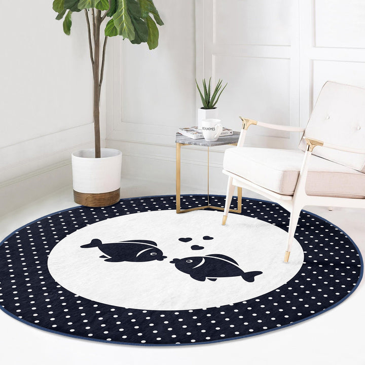 Nautical Round Rug|Non-Slip Round Carpet|Anchor and Wheel Circle Carpet|Fish and Boat Print Area Rug|Coastal Home Decor|Multi-Purpose Mat