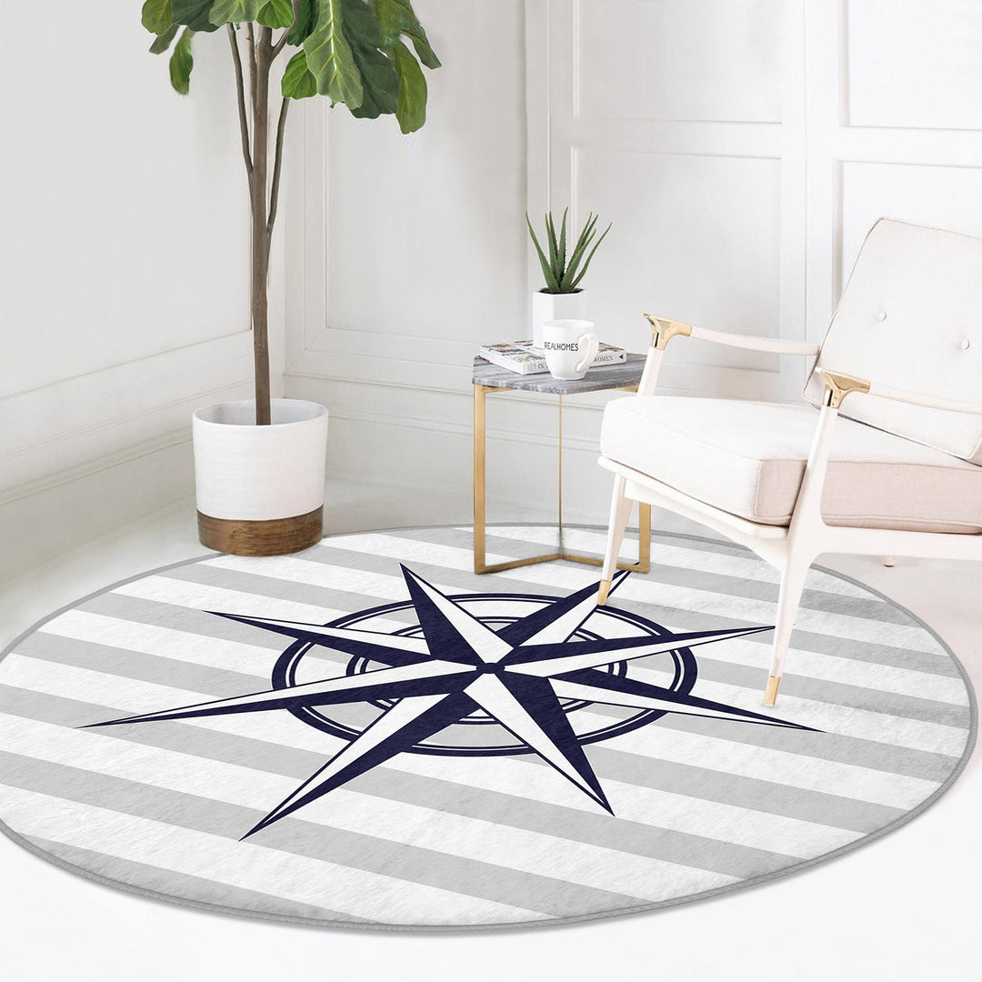 Nautical Round Rug|Non-Slip Round Carpet|Striped and Zigzag Anchor and Wheel Circle Carpet|Navy Compass Print Area Rug|Coastal Home Decor