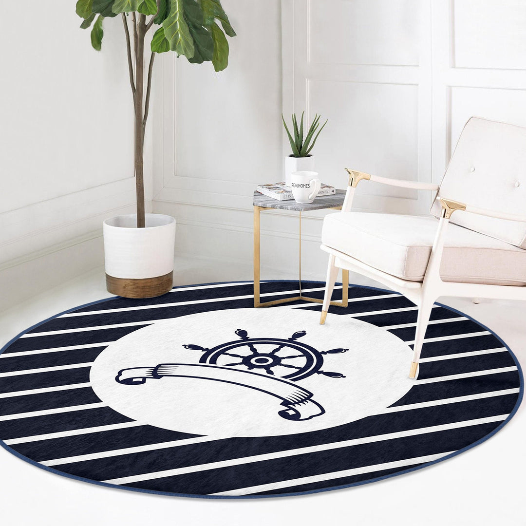 Nautical Round Rug|Non-Slip Round Carpet|Striped and Zigzag Anchor and Wheel Circle Carpet|Navy Compass Print Area Rug|Coastal Home Decor
