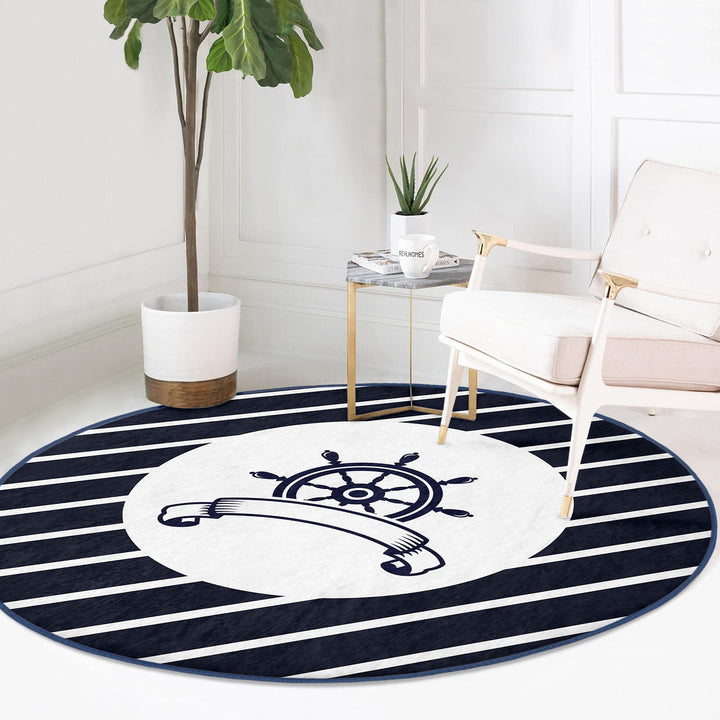 Nautical Round Rug|Non-Slip Round Carpet|Striped and Zigzag Anchor and Wheel Circle Carpet|Navy Compass Print Area Rug|Coastal Home Decor