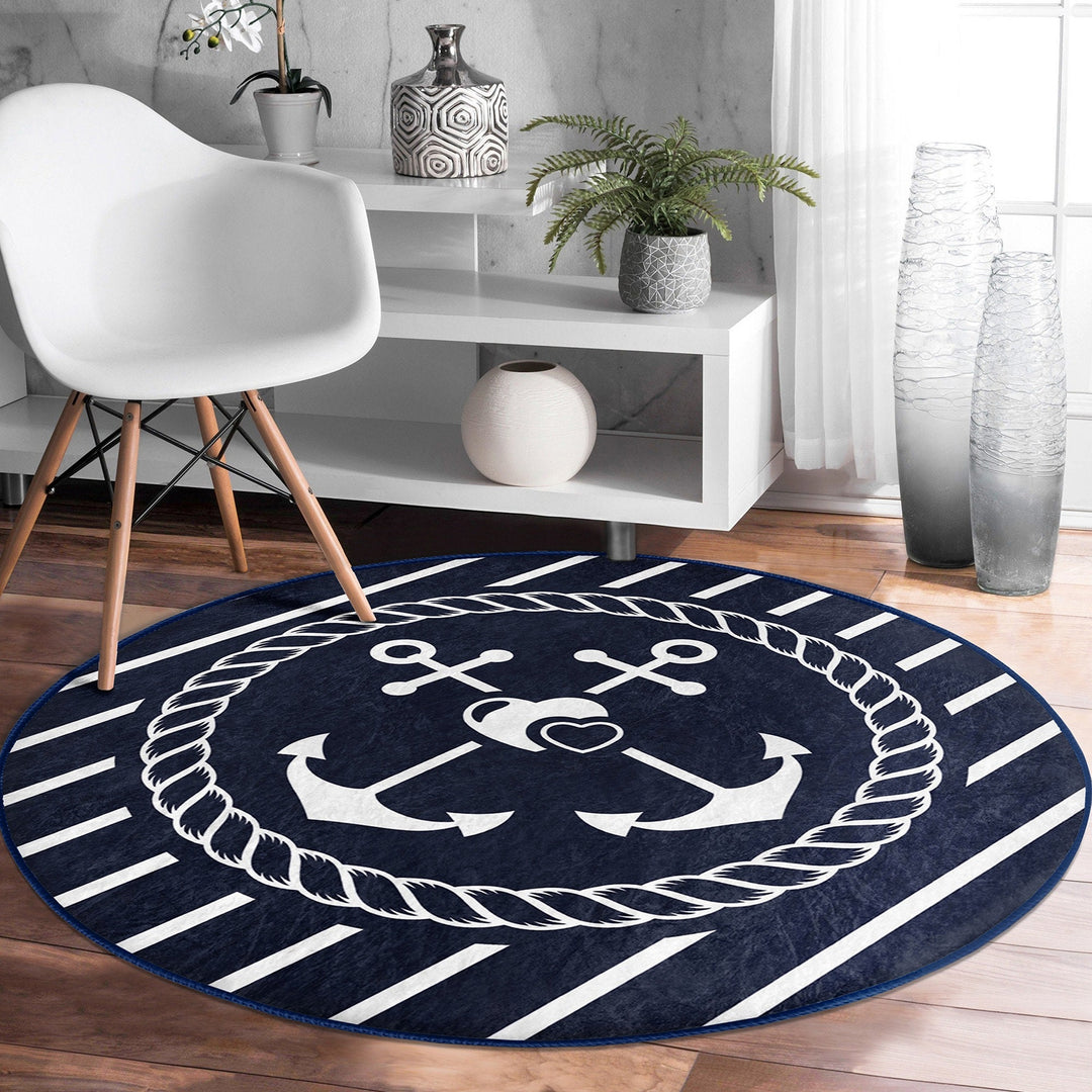 Nautical Round Rug|Non-Slip Round Carpet|Striped and Zigzag Anchor and Wheel Circle Carpet|Navy Compass Print Area Rug|Coastal Home Decor