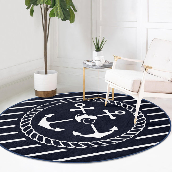 Nautical Round Rug|Non-Slip Round Carpet|Striped and Zigzag Anchor and Wheel Circle Carpet|Navy Compass Print Area Rug|Coastal Home Decor