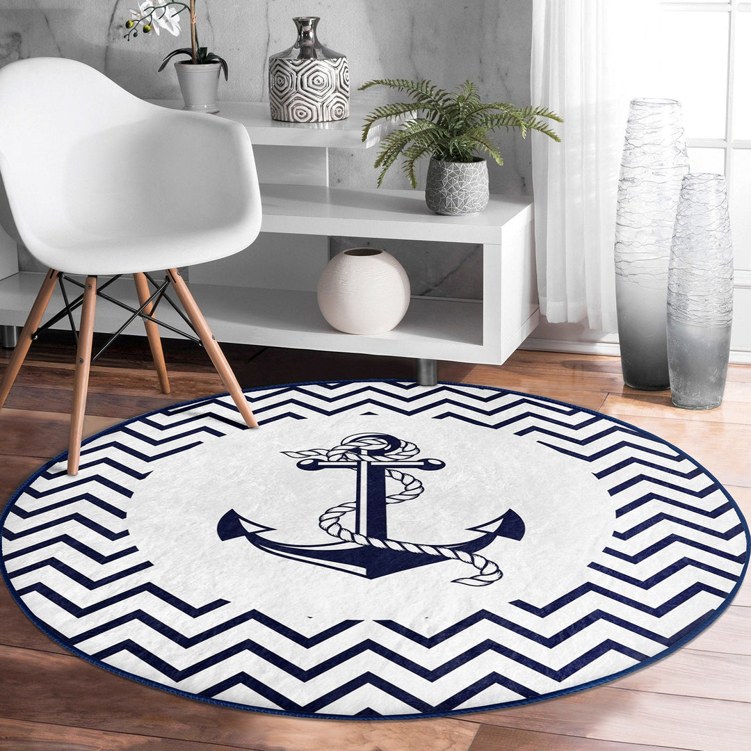 Nautical Round Rug|Non-Slip Round Carpet|Striped and Zigzag Anchor and Wheel Circle Carpet|Navy Compass Print Area Rug|Coastal Home Decor