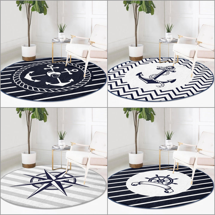 Nautical Round Rug|Non-Slip Round Carpet|Striped and Zigzag Anchor and Wheel Circle Carpet|Navy Compass Print Area Rug|Coastal Home Decor