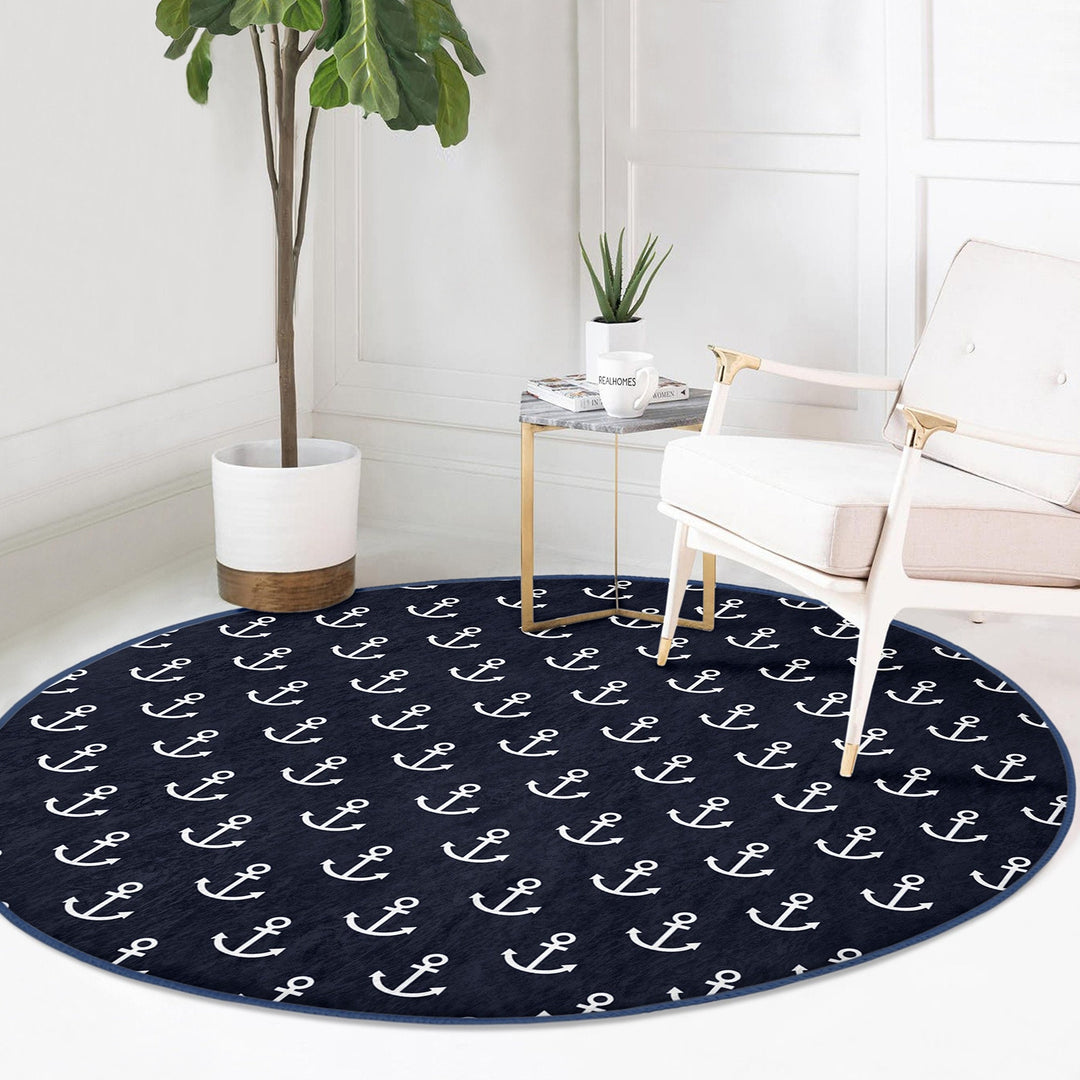 Nautical Round Rug|Non-Slip Round Carpet|Blue White Navy Anchor and Compass Circle Carpet|Geometric Print Beach House Rug|Coastal Home Decor