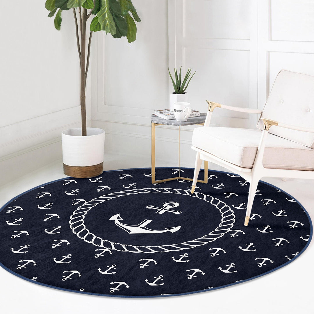 Nautical Round Rug|Non-Slip Round Carpet|Blue White Navy Anchor and Compass Circle Carpet|Geometric Print Beach House Rug|Coastal Home Decor