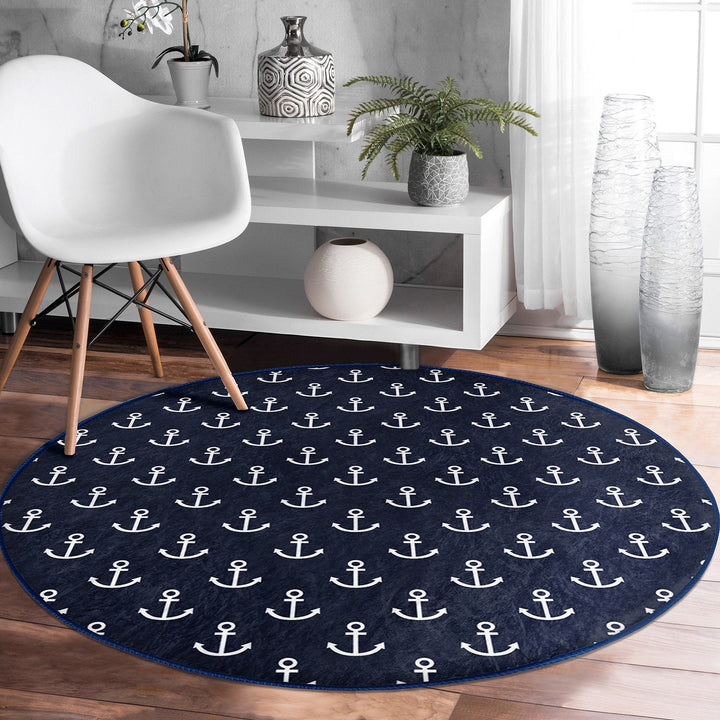 Nautical Round Rug|Non-Slip Round Carpet|Blue White Navy Anchor and Compass Circle Carpet|Geometric Print Beach House Rug|Coastal Home Decor