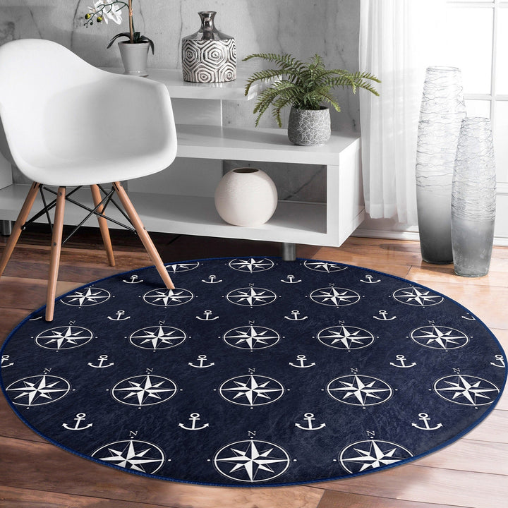 Nautical Round Rug|Non-Slip Round Carpet|Blue White Navy Anchor and Compass Circle Carpet|Geometric Print Beach House Rug|Coastal Home Decor