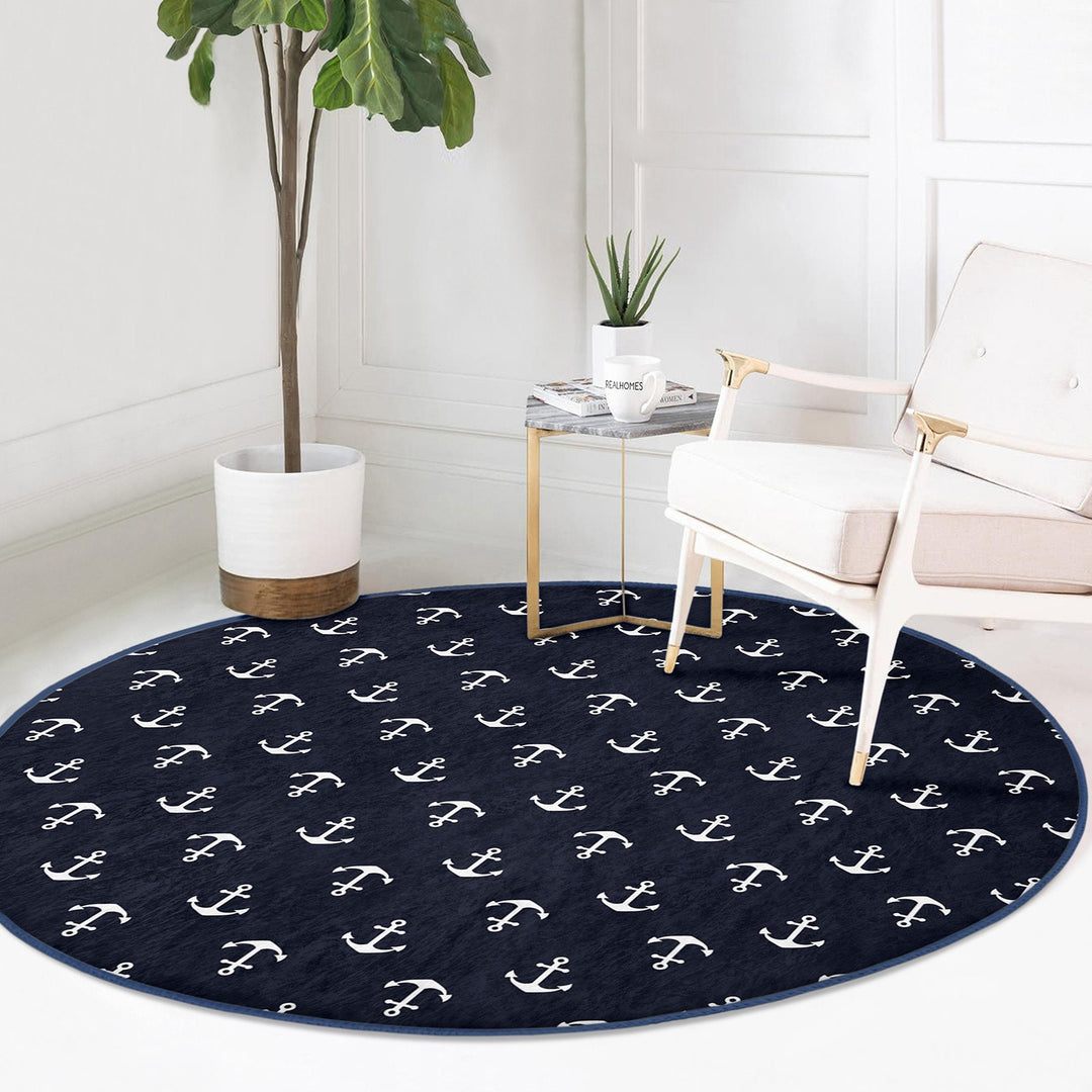 Nautical Round Rug|Non-Slip Round Carpet|Blue White Navy Anchor and Compass Circle Carpet|Geometric Print Beach House Rug|Coastal Home Decor